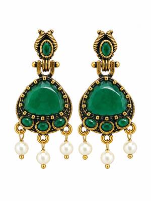 Gold oxidised traditional green drop earrings 1
