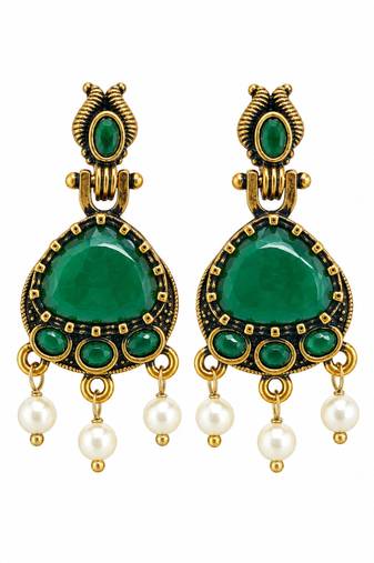 Gold oxidised traditional green drop earrings