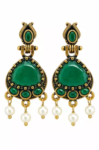 Gold oxidised traditional green drop earrings