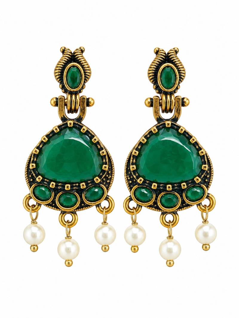 Gold oxidised traditional green drop earrings