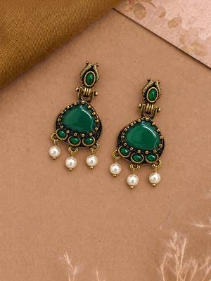 Gold oxidised traditional green drop earrings 2
