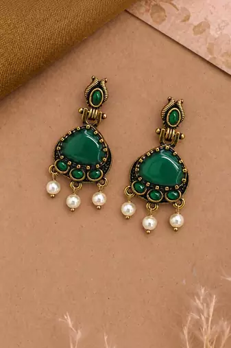 Gold oxidised traditional green drop earrings