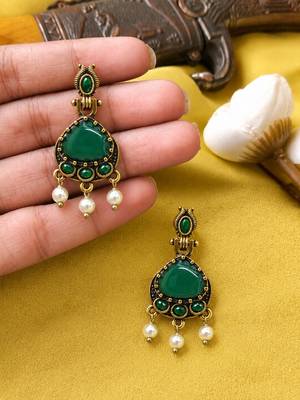 Gold oxidised traditional green drop earrings 3