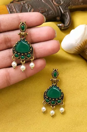 Gold oxidised traditional green drop earrings