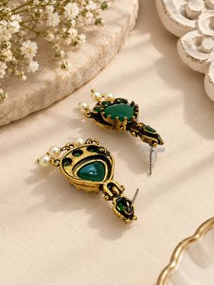 Gold oxidised traditional green drop earrings 4