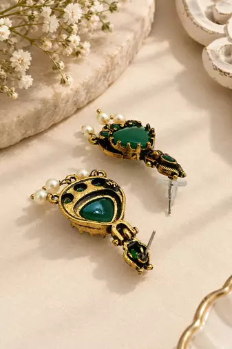 Gold oxidised traditional green drop earrings
