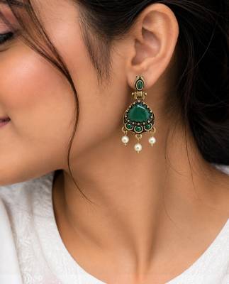 Gold oxidised traditional green drop earrings 5