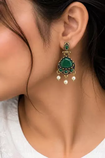 Gold oxidised traditional green drop earrings