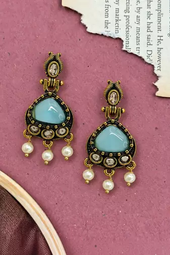 Gold oxidised traditional mint  drop earrings