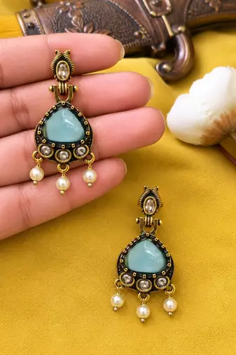 Gold oxidised traditional mint  drop earrings