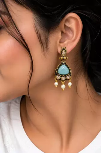 Gold oxidised traditional mint  drop earrings