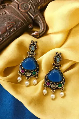 Gold oxidised traditional multi drop earrings