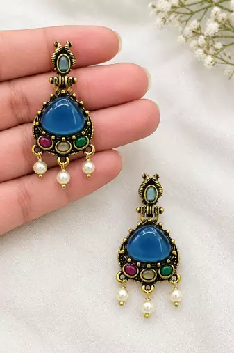 Gold oxidised traditional multi drop earrings