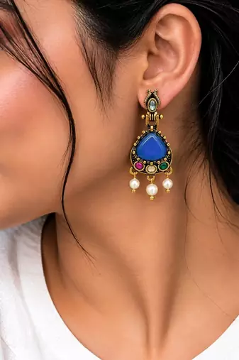 Gold oxidised traditional multi drop earrings
