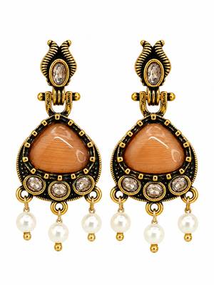 Gold oxidised traditional orange drop earrings 1