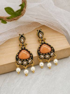 Gold oxidised traditional orange drop earrings 2