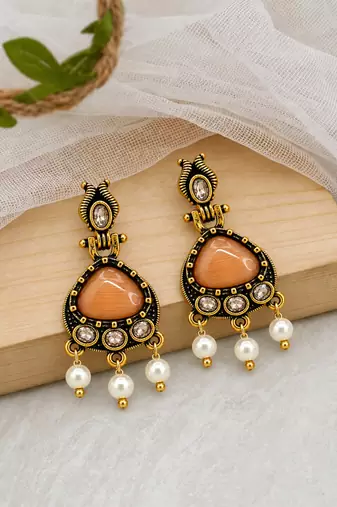 Gold oxidised traditional orange drop earrings