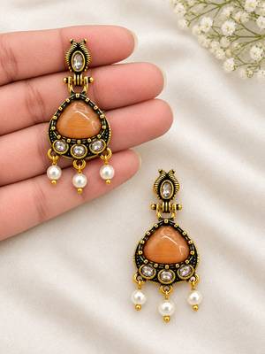 Gold oxidised traditional orange drop earrings 3