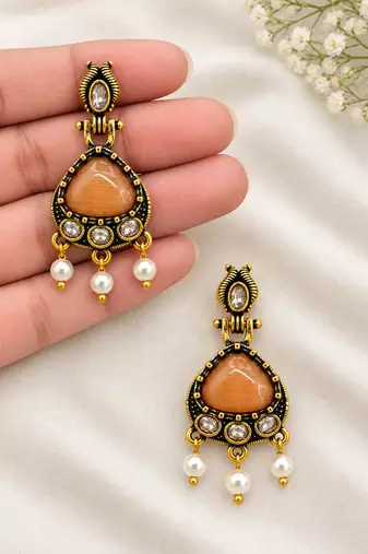 Gold oxidised traditional orange drop earrings