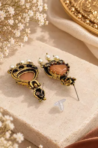 Gold oxidised traditional orange drop earrings