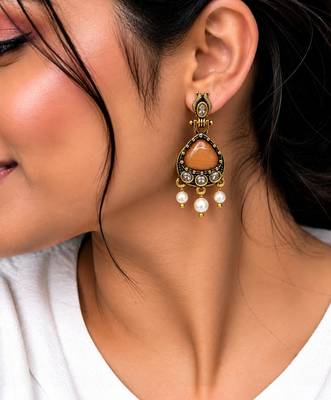 Gold oxidised traditional orange drop earrings 5