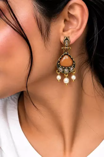 Gold oxidised traditional orange drop earrings