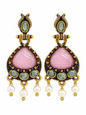 Gold oxidised traditional pink green drop earrings 1