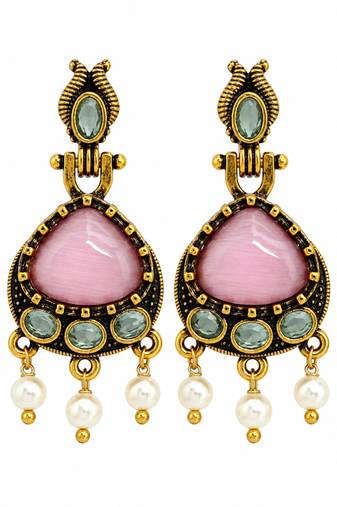 Gold oxidised traditional pink green drop earrings
