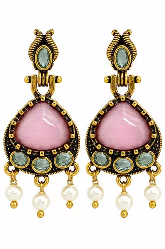 Gold oxidised traditional pink green drop earrings