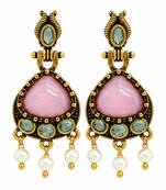 Gold oxidised traditional pink green drop earrings