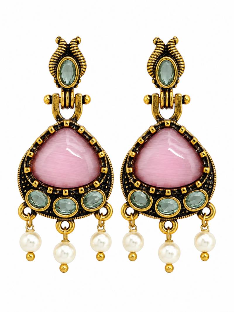 Gold oxidised traditional pink green drop earrings