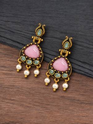 Gold oxidised traditional pink green drop earrings 2