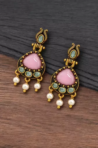 Gold oxidised traditional pink green drop earrings