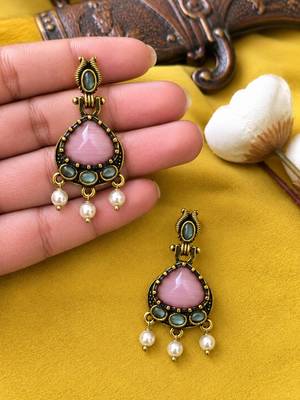 Gold oxidised traditional pink green drop earrings 3