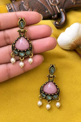 Gold oxidised traditional pink green drop earrings