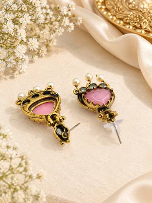 Gold oxidised traditional pink green drop earrings 4