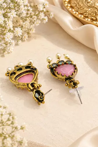 Gold oxidised traditional pink green drop earrings