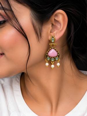 Gold oxidised traditional pink green drop earrings 5