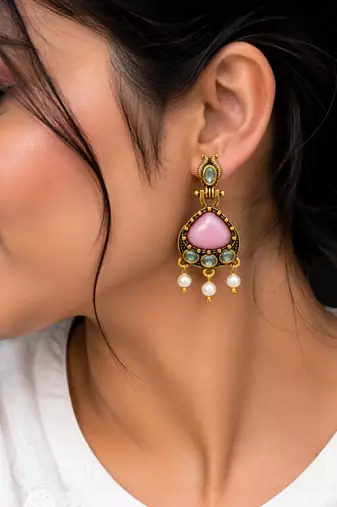 Gold oxidised traditional pink green drop earrings