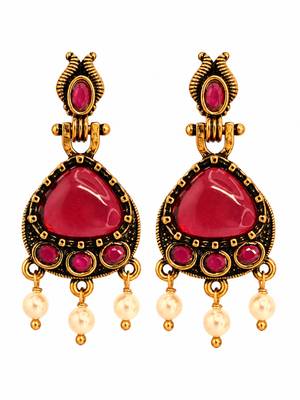 Gold oxidised traditional ruby red drop earrings 1