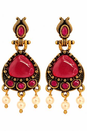 Gold oxidised traditional ruby red drop earrings