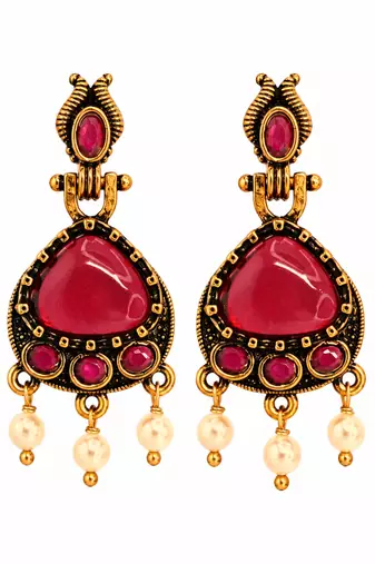 Gold oxidised traditional ruby red drop earrings