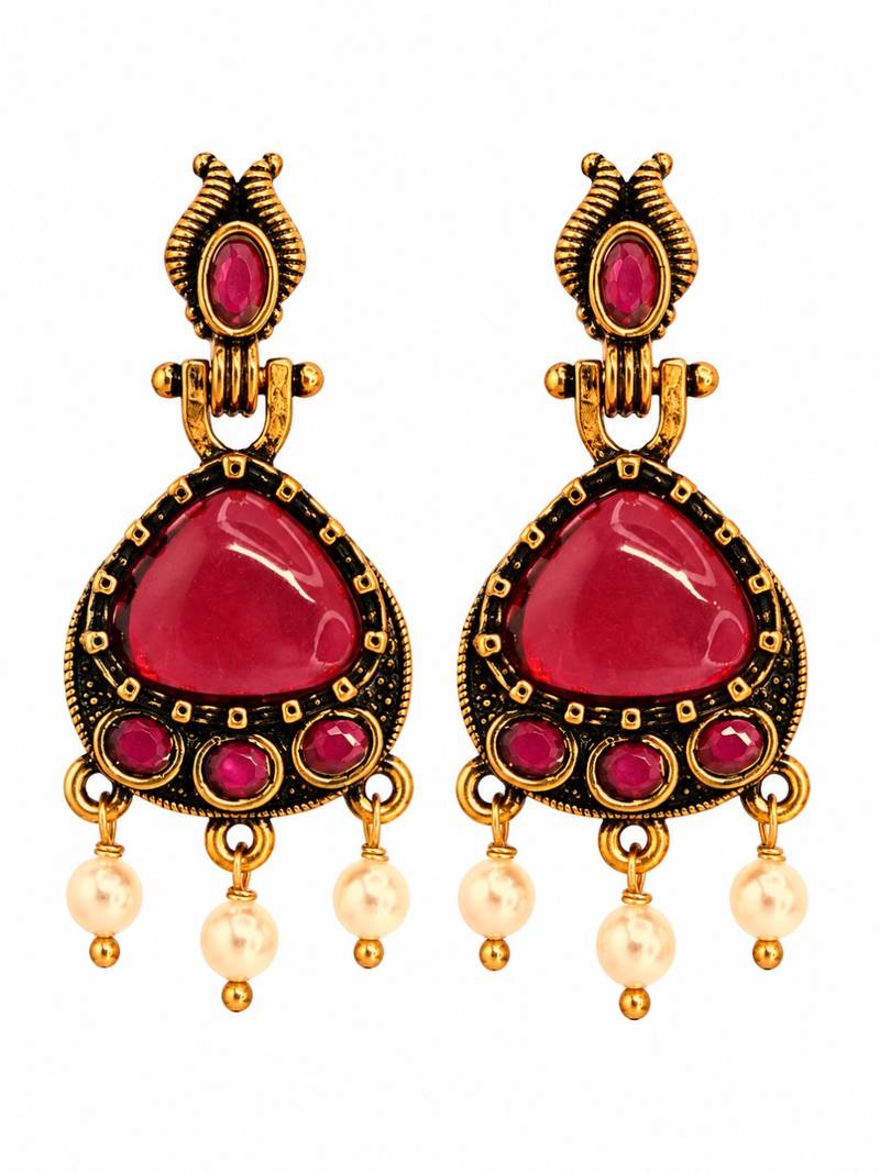Gold oxidised traditional ruby red drop earrings