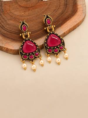 Gold oxidised traditional ruby red drop earrings 2