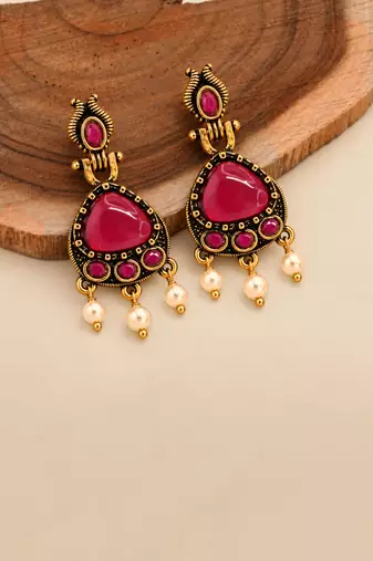 Gold oxidised traditional ruby red drop earrings