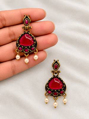 Gold oxidised traditional ruby red drop earrings 3