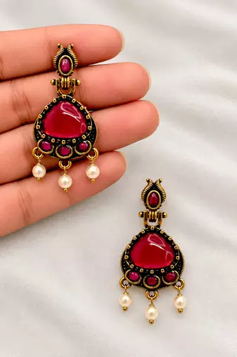 Gold oxidised traditional ruby red drop earrings