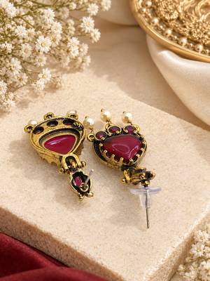 Gold oxidised traditional ruby red drop earrings 4