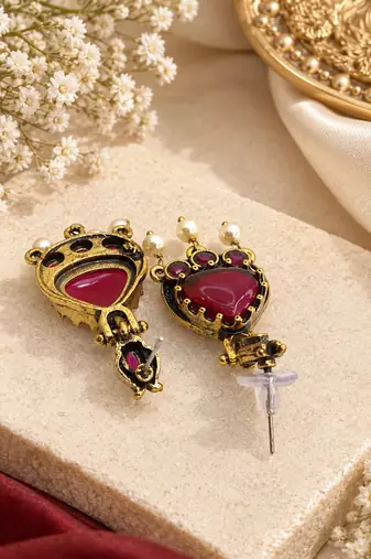 Gold oxidised traditional ruby red drop earrings