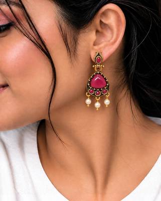 Gold oxidised traditional ruby red drop earrings 5